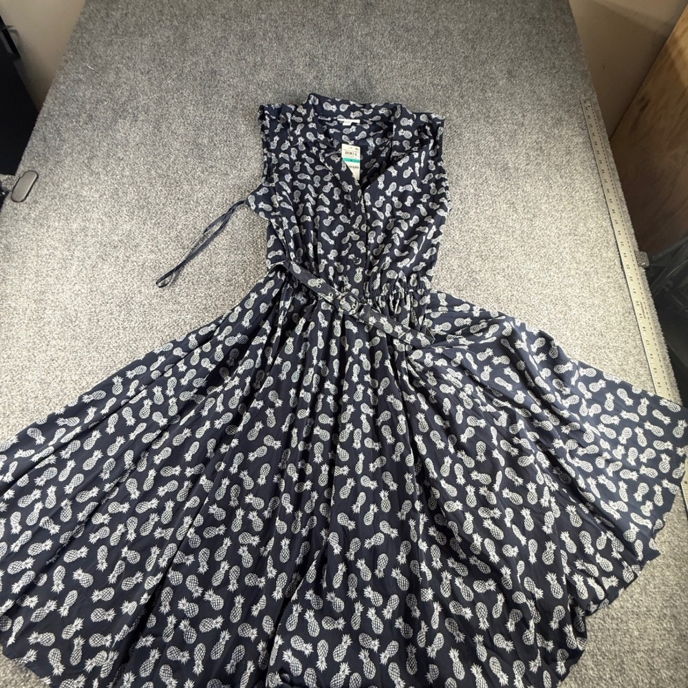 Endless Summer Navy Blue Pineapple Print Sleeveless Belted Midi Dress 16 NEW